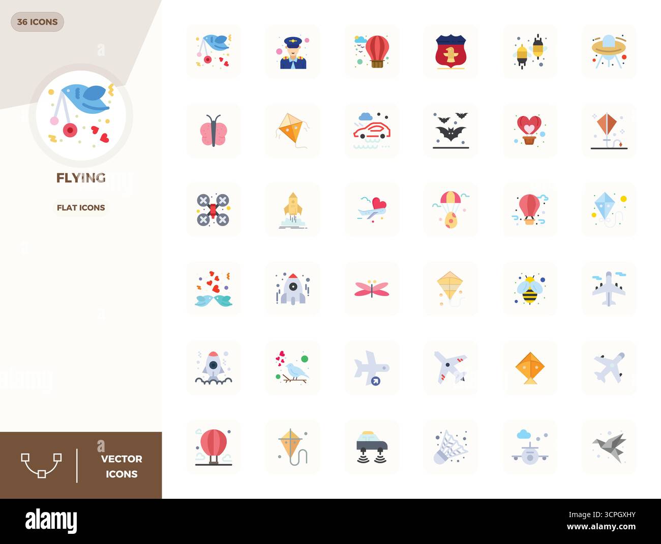 Thoughtfully designed 36 vector icons themed around Flying, crafted in Flat with 128x128 PIXEL perfect precision for contemporary design needs. Stock Vector