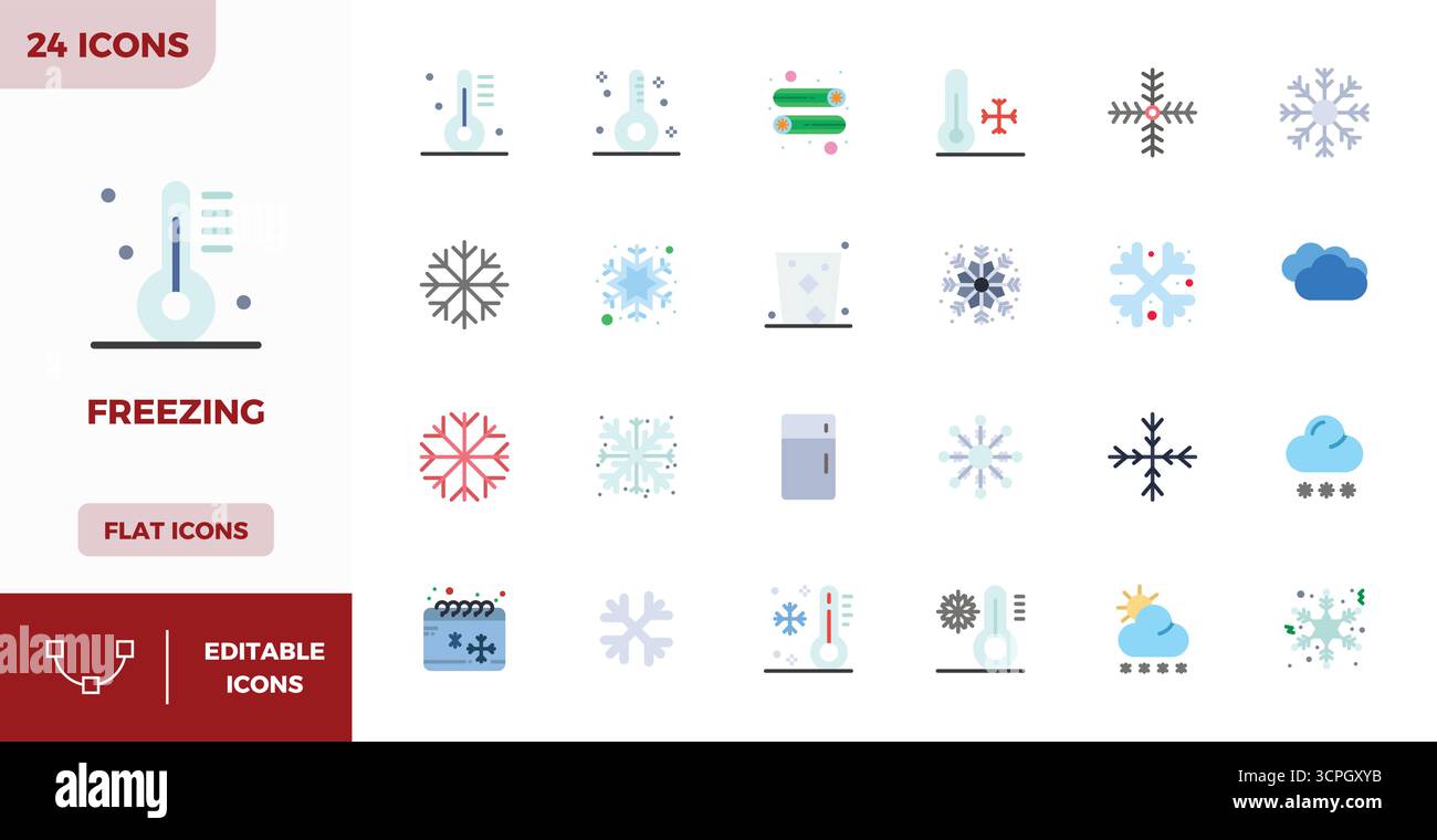 Handcrafted collection featuring 24 Flat Color vector icons for Freezing, optimized in 128x128 PIXEL perfect resolution for premium digital experience Stock Vector