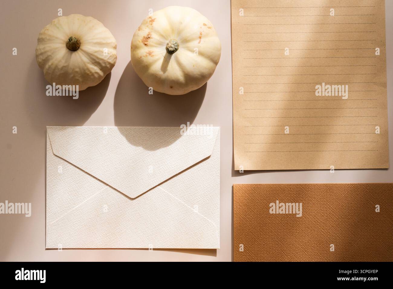 Top view of decorative pumpkins, envelope, blank paper sheet and lined note paper. Beige minimalist autumn aesthetic Stock Photo