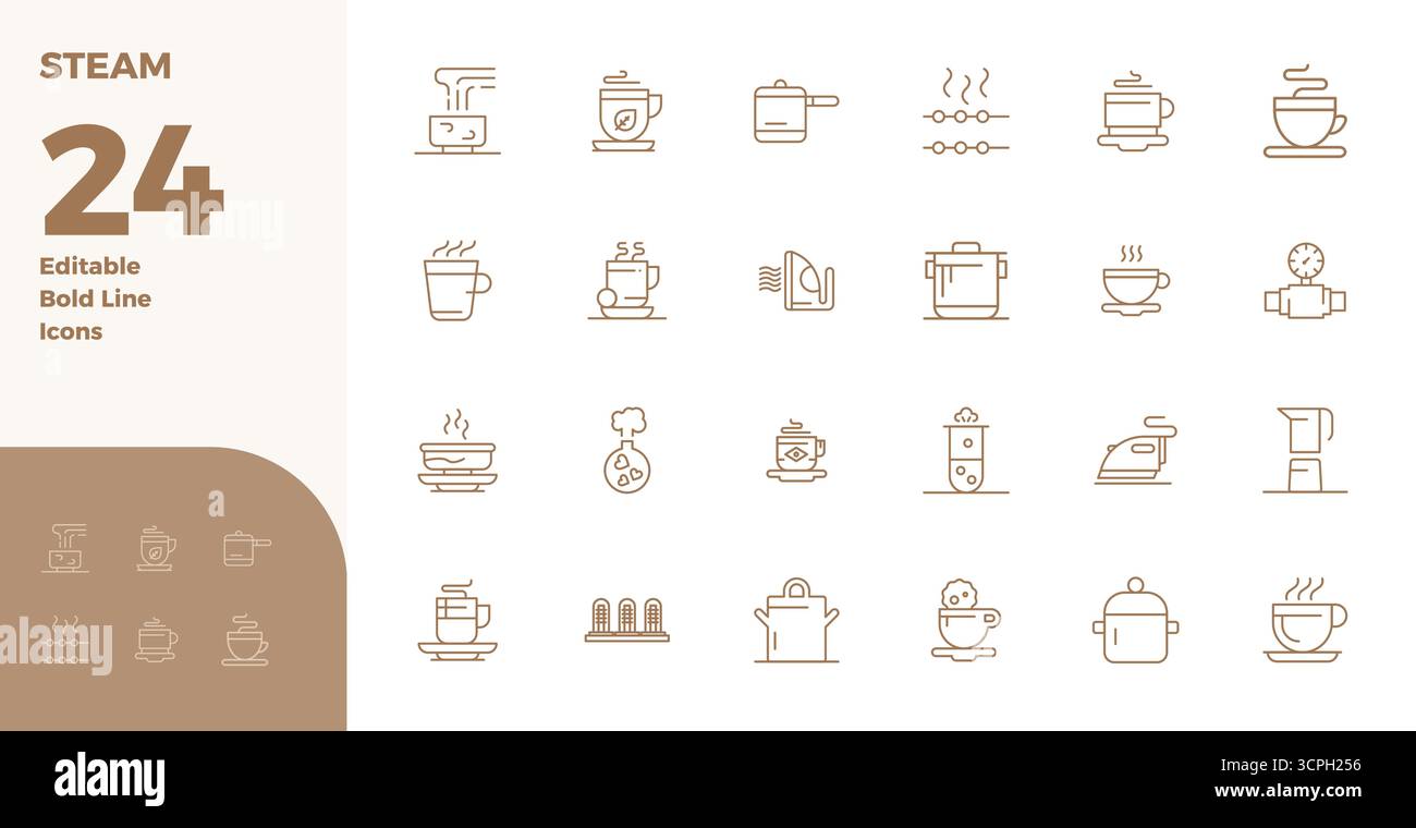 Masterfully created 24 vector icons representing Steam in Bold Line ...