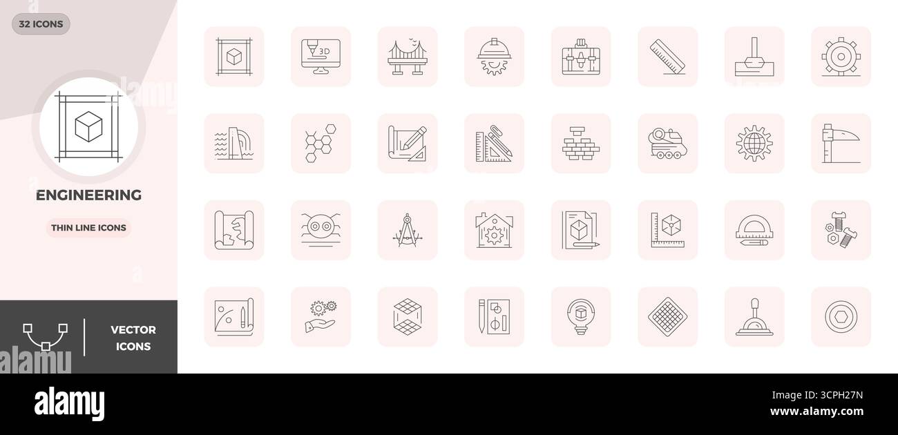 Transform your designs with 32 Thin Line vector icons themed around Engineering, engineered in 128x128 PIXEL perfect resolution for maximum clarity. Stock Vector