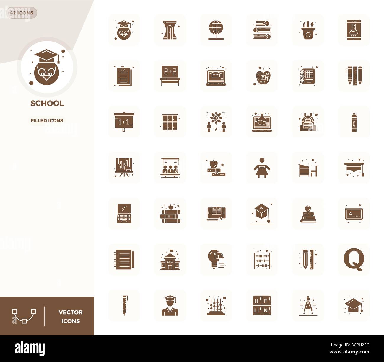 Vector pack with 42 Filled PIXEL perfect icons inspired by School, delivered in 128x128 resolution ideal for scalable and creative design work. Stock Vector