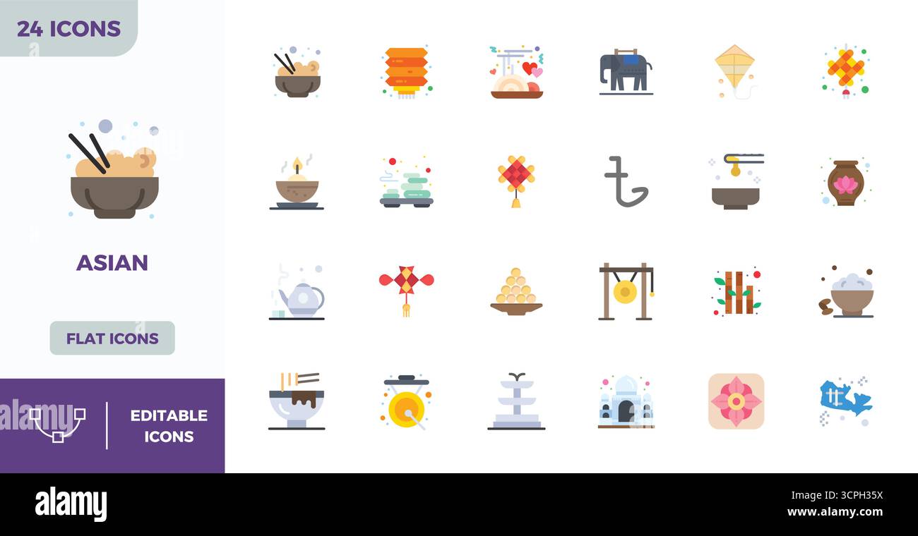 Set of 24 Flat Color PIXEL perfect vector icons themed around Asian ...