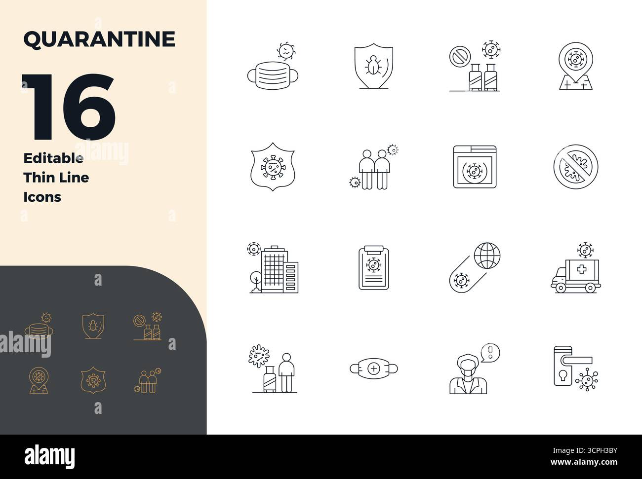 Transform your designs with 16 Thin Line vector icons themed around Quarantine, engineered in 128x128 PIXEL perfect resolution for maximum clarity. Stock Vector
