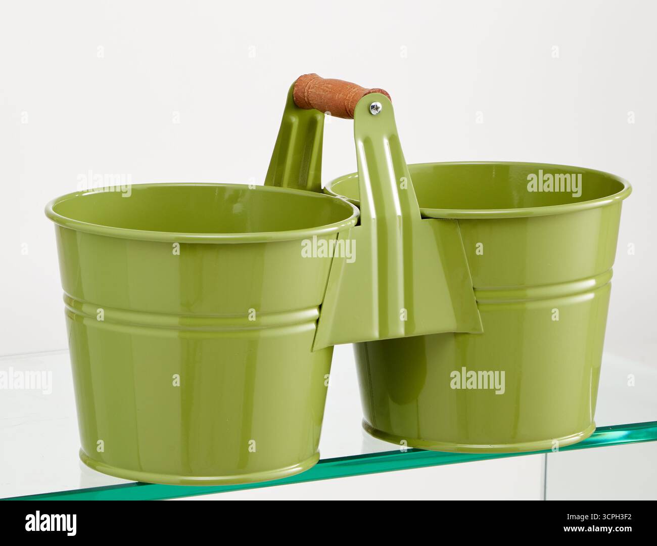 Double aluminum bucket with wooden handle for plants and water isolated nature background with clipping path Stock Photo