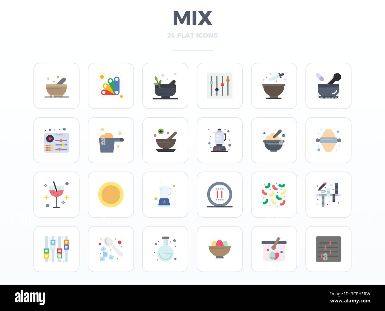 Refined bundle featuring 24 Minimal Flat vector icons for Mix, optimized with 128x128 PIXEL perfect quality for elegant and functional design solution Stock Vector