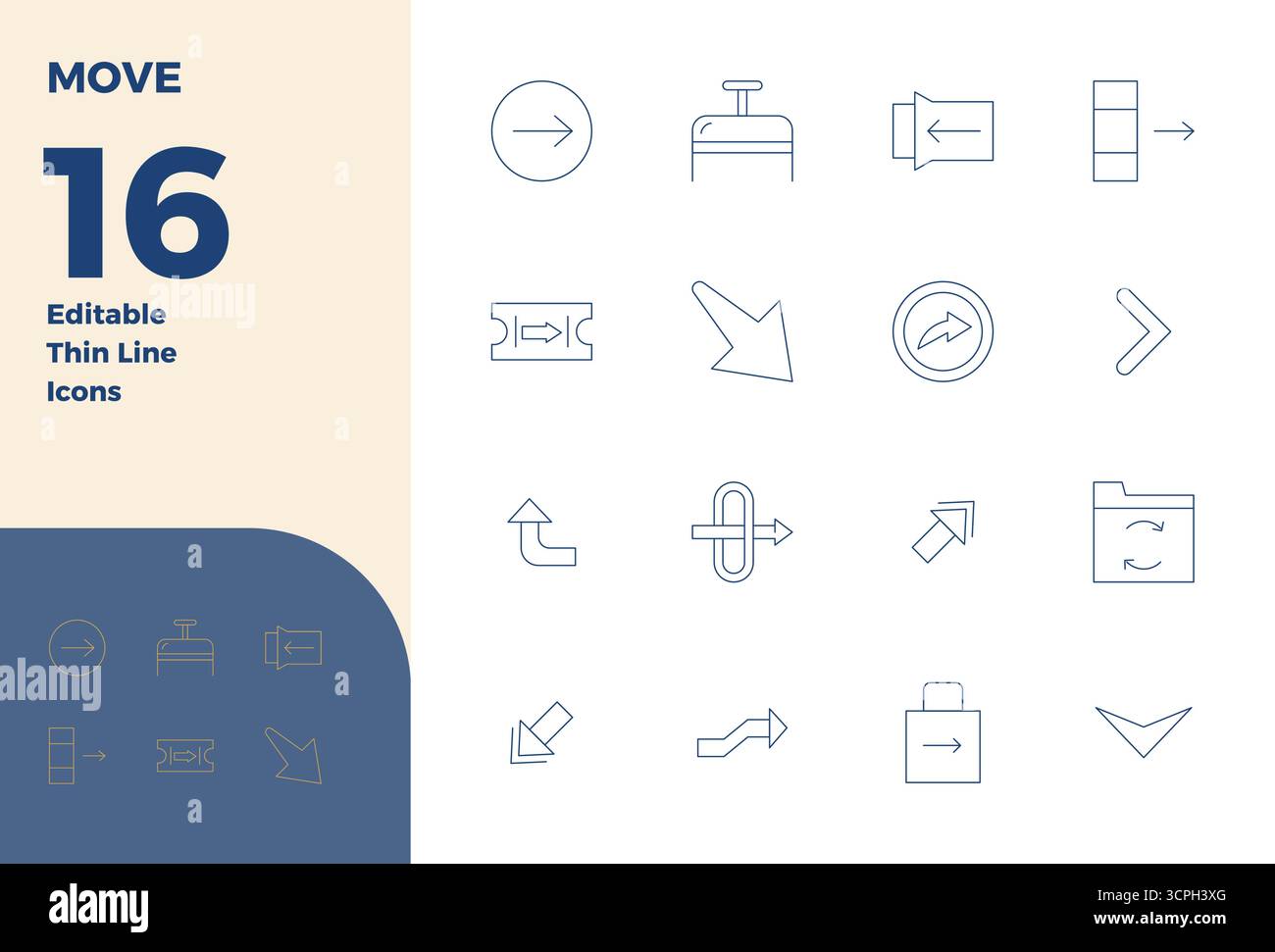 This Move vector icon pack includes 16 Thin Line designs in 128x128 PIXEL perfect format, perfect for enhancing digital interfaces. Stock Vector