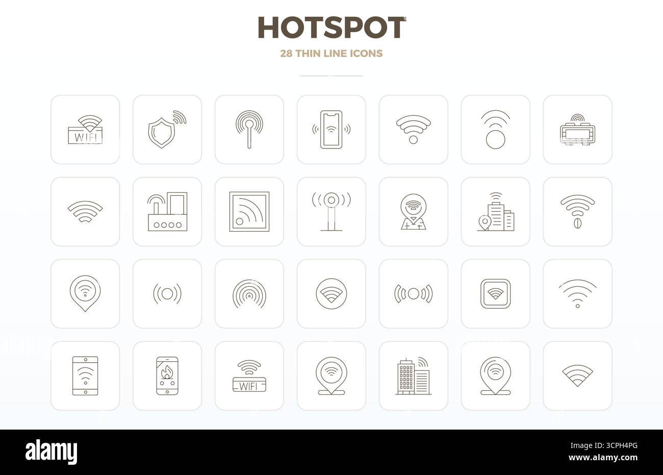 A dynamic set of 28 vector icons in Thin Outline, tailored for Hotspot with 128x128 PIXEL perfect quality suited for digital products. Stock Vector