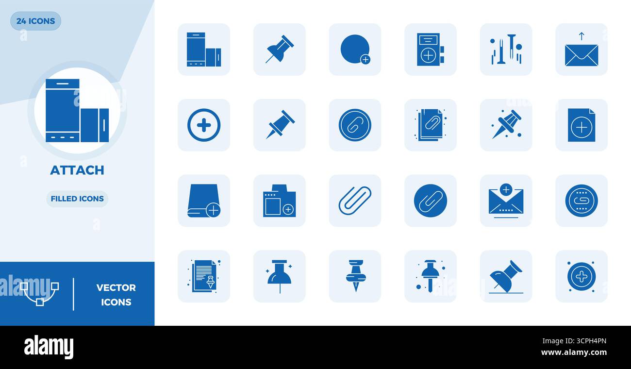 Perfectly balanced 24 Filled PIXEL perfect vector icons for Attach, sized at 128x128 for harmonious integration in digital design projects. Stock Vector
