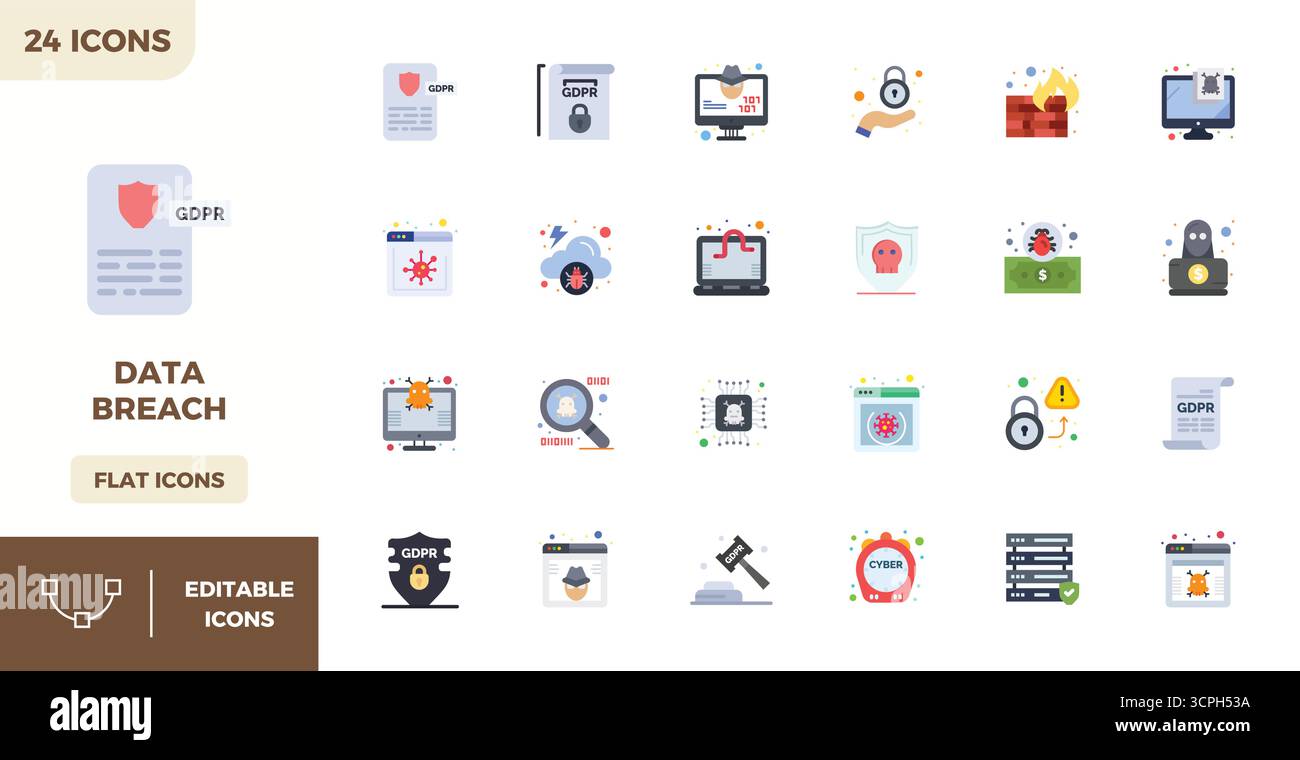 Download 24 scalable Flat Color vector icons designed for Data Breach, featuring PIXEL perfect 128x128 resolution suitable for professional and creati Stock Vector