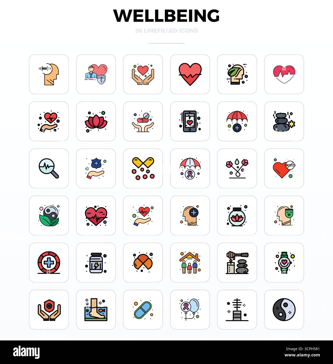 Curated pack of 36 128x128 vector icons in LineFill design, centered around Wellbeing concepts with PIXEL perfect clarity. Stock Vector