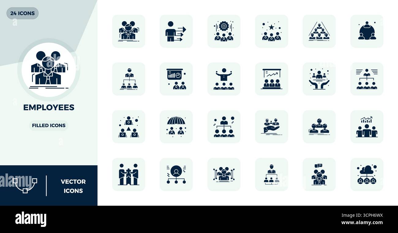 Exclusive collection of 24 Filled vector icons for Employees, developed with 128x128 PIXEL perfect resolution for premium brand experiences. Stock Vector