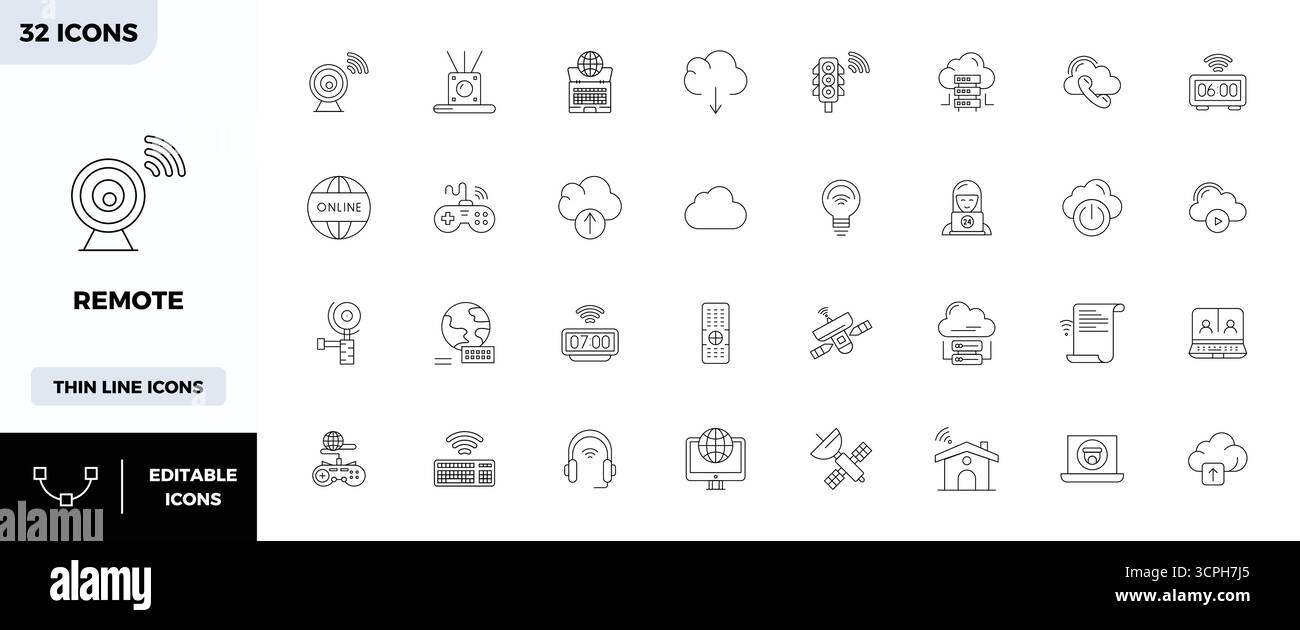 State-of-the-art bundle featuring 32 PIXEL perfect vector icons inspired by Remote, created in Minimal Line format at 128x128 for next-generation inte Stock Vector