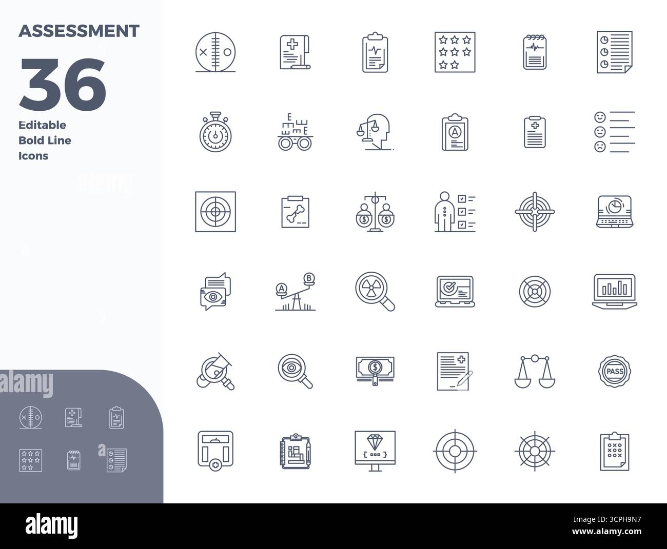 Curated pack of 36 128x128 vector icons in Bold Line design, centered around Assessment concepts with PIXEL perfect clarity. Stock Vector