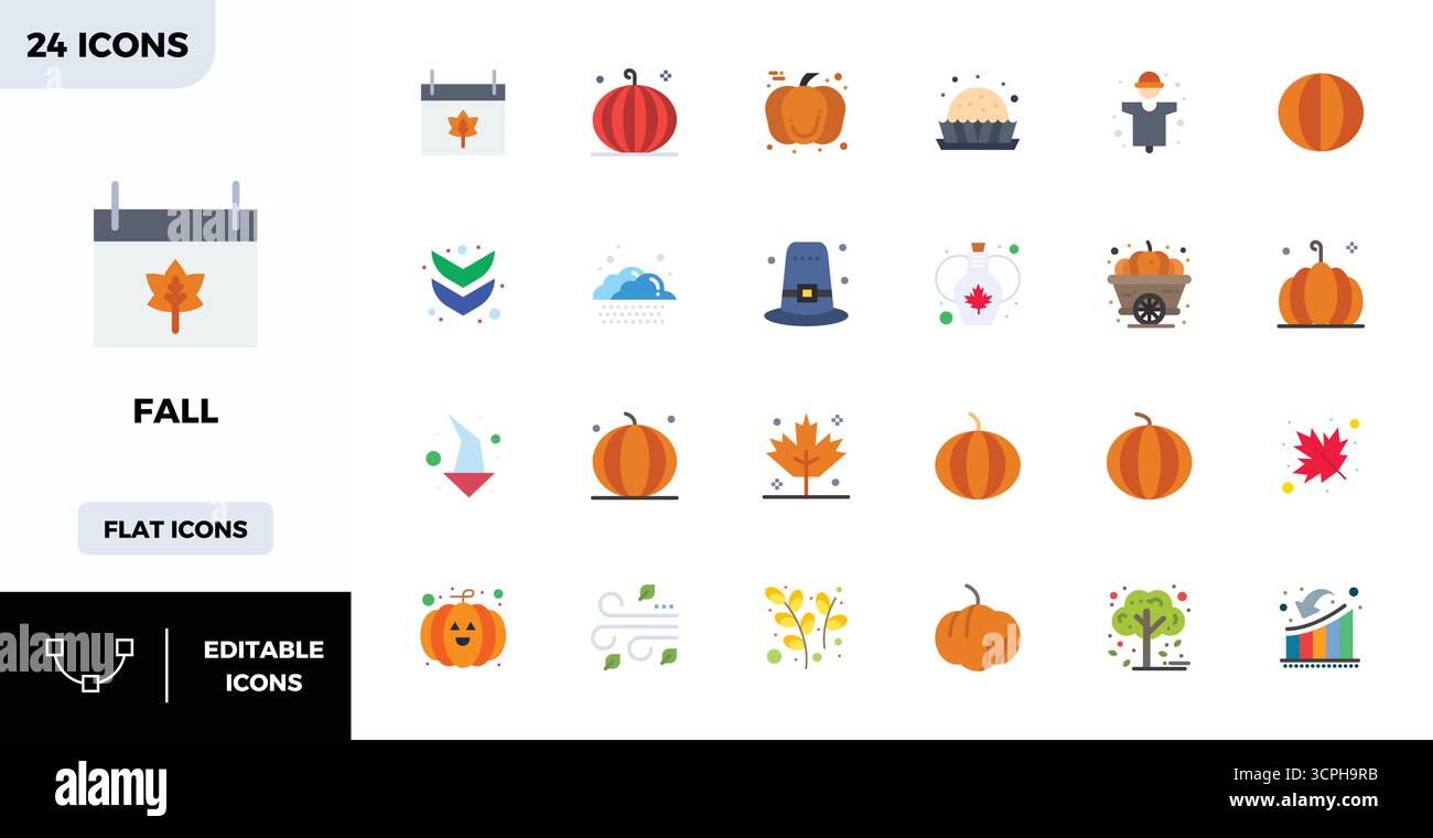 Unlock 24 Flat Color PIXEL perfect vector icons inspired by Fall, optimized in 128x128 format for flawless display across all devices. Stock Vector