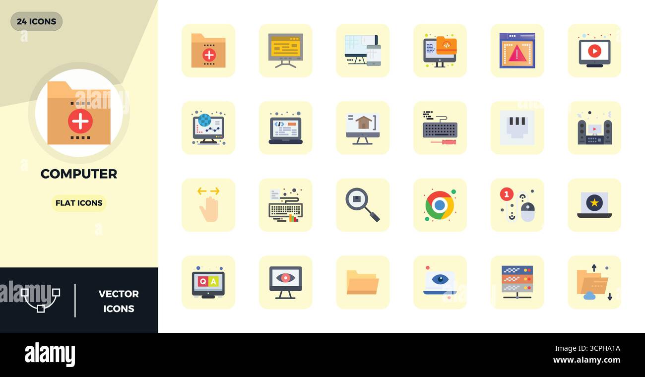 This Computer vector icon pack includes 24 Flat designs in 128x128 PIXEL perfect format, perfect for enhancing digital interfaces. Stock Vector