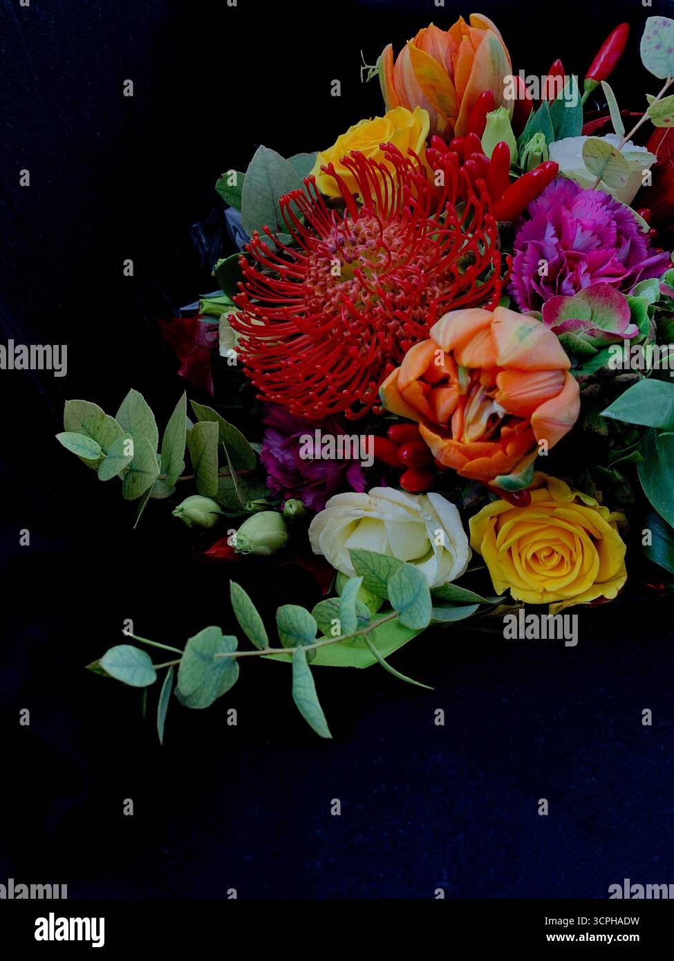 Beautiful fresh flowers on dark background. Romantic occasions, floral decorations, blooming flowers, elegance, love, special moments, overlay. - Smartphone Captured Stock Image