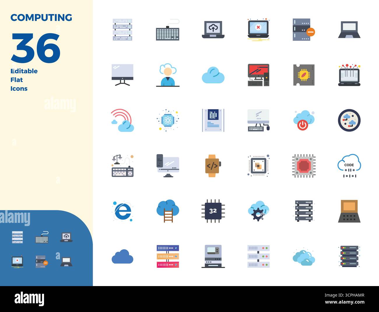 Handcrafted collection featuring 36 Flat vector icons for Computing, optimized in 128x128 PIXEL perfect resolution for premium digital experiences. Stock Vector