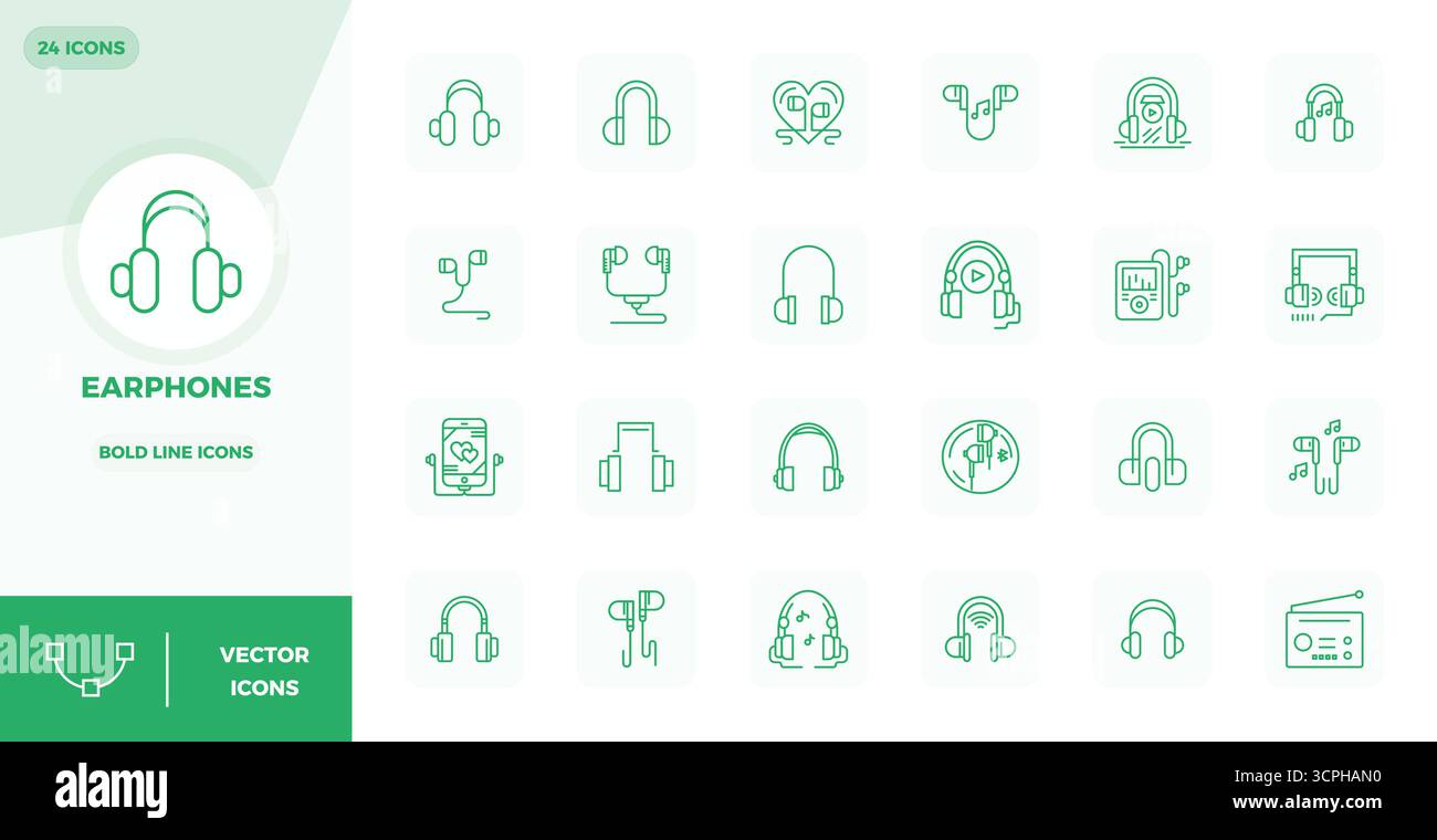 Enhance your projects with 24 Bold Line vector icons themed around Earphones, featuring 128x128 PIXEL perfect resolution ideal for clean and professio Stock Vector