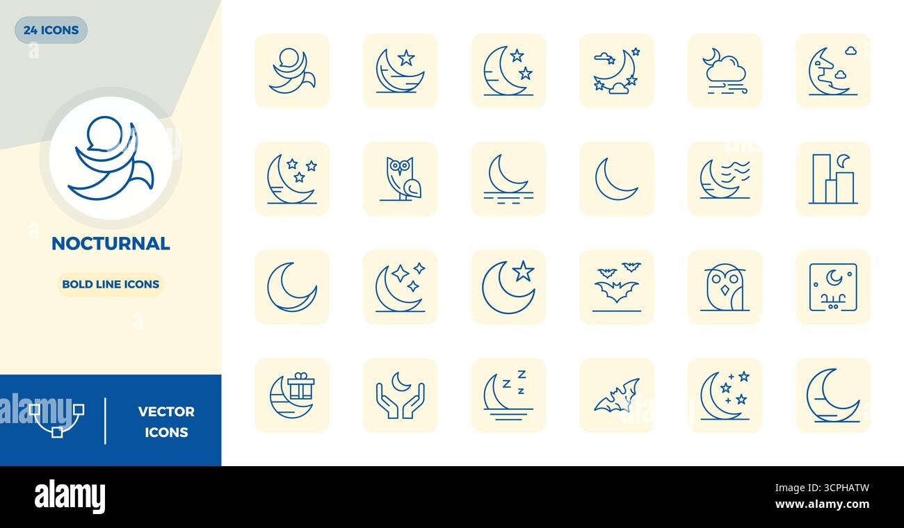Expertly designed 24 Bold Line PIXEL perfect vector icons for Nocturnal, engineered at 128x128 resolution for flawless integration and performance. Stock Vector
