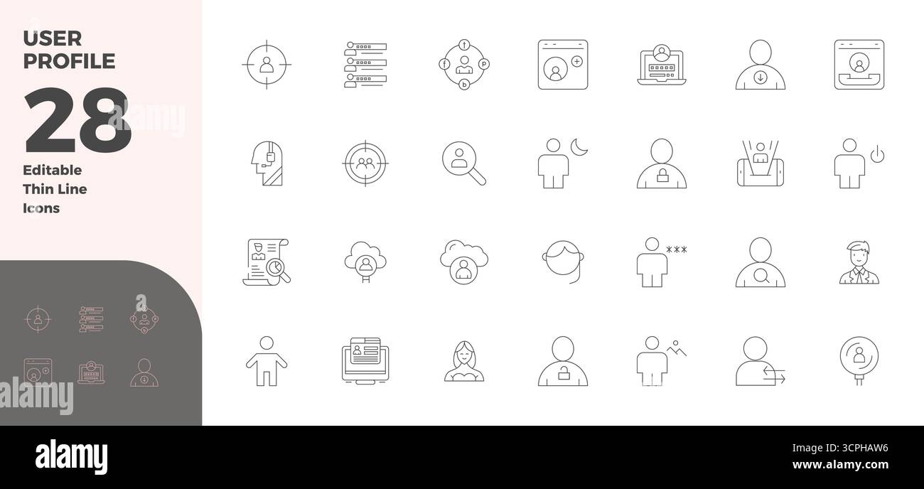 This User Profile vector icon pack includes 28 Thin Line designs in 128x128 PIXEL perfect format, perfect for enhancing digital interfaces. Stock Vector