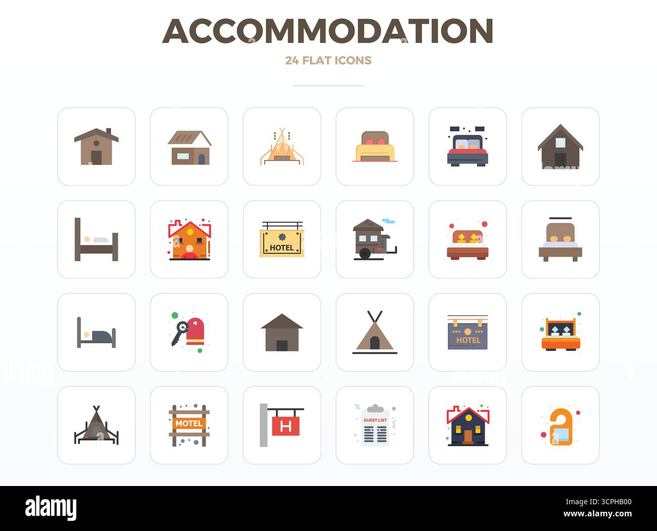 Download 24 scalable Minimal Flat vector icons designed for Accommodation, featuring PIXEL perfect 128x128 resolution suitable for professional and cr Stock Vector