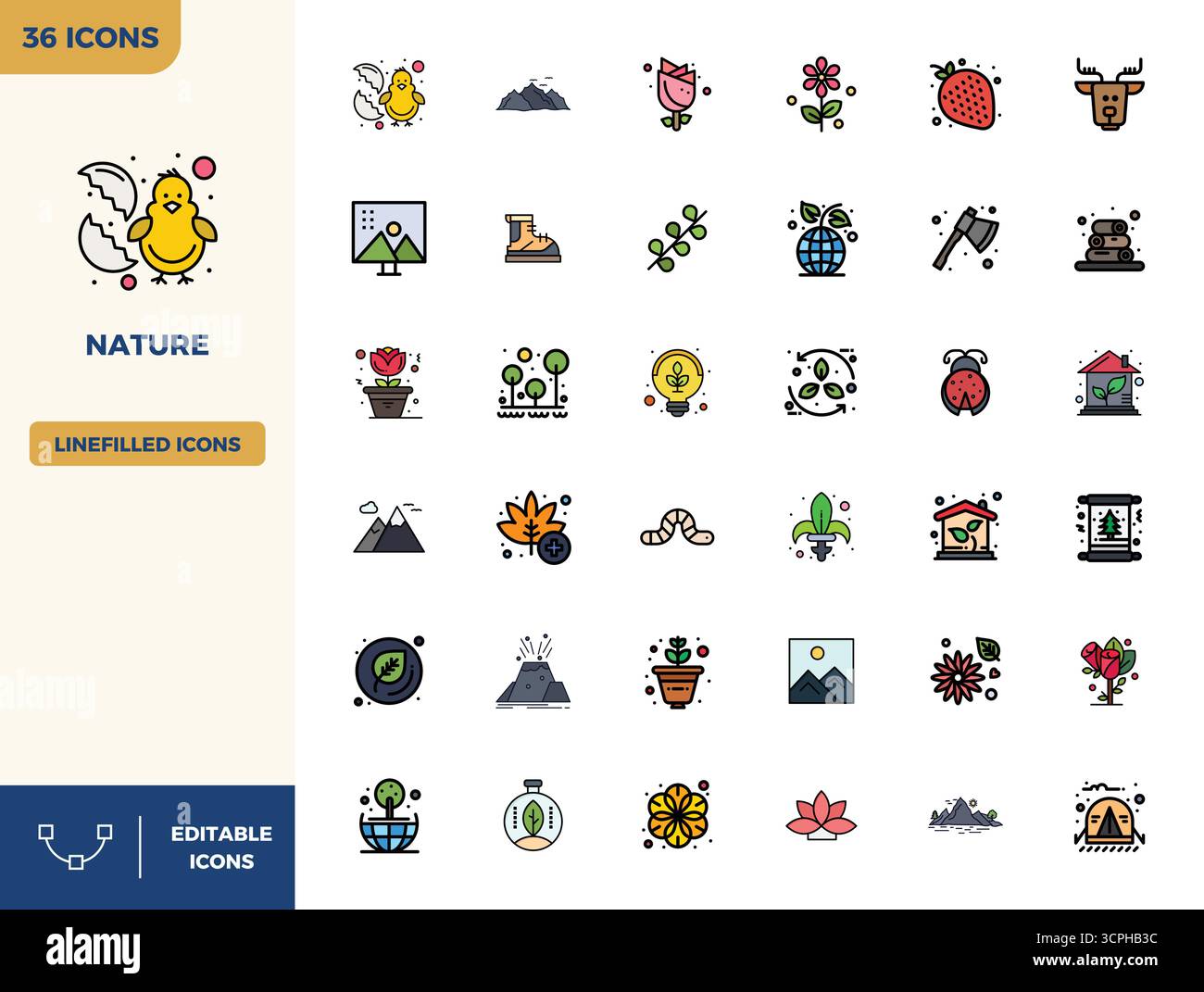 Exclusive collection of 36 Flat Lineal Color vector icons for Nature, developed with 128x128 PIXEL perfect resolution for premium brand experiences. Stock Vector