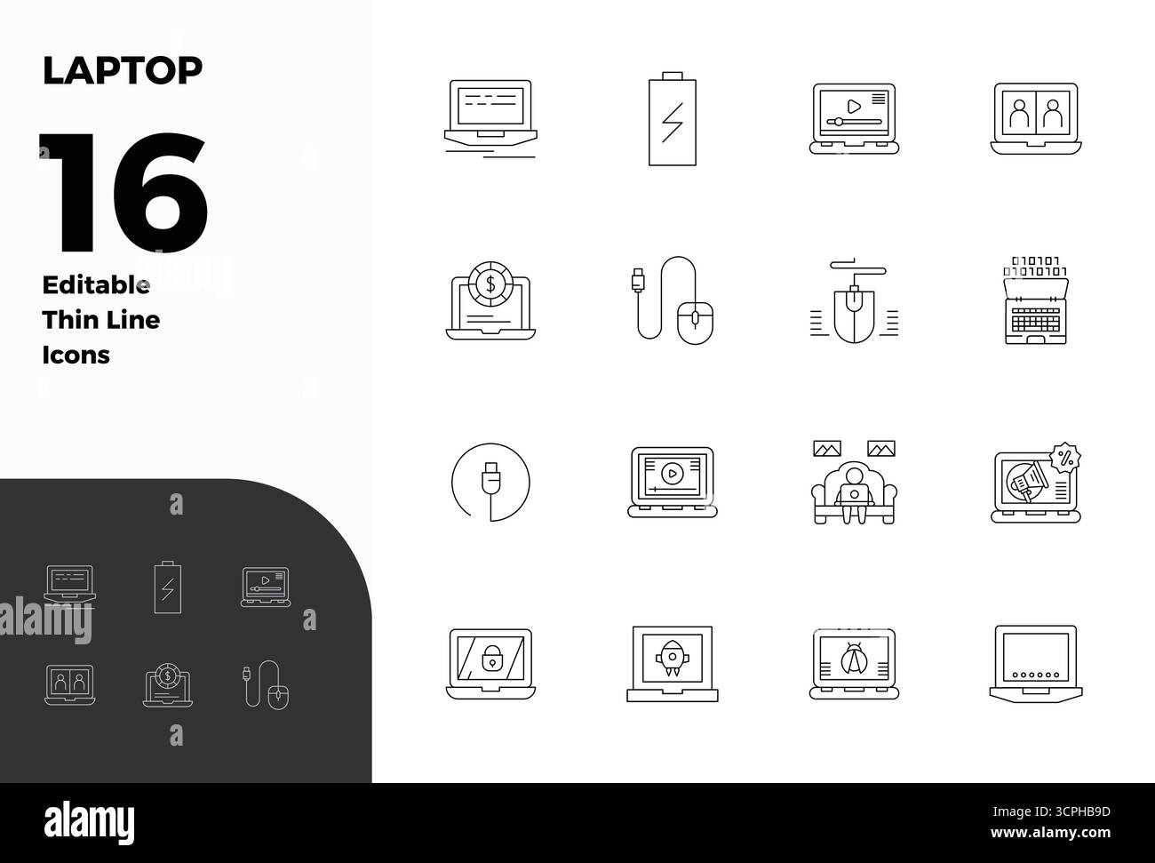 Refined bundle featuring 16 Thin Line vector icons for Laptop, optimized with 128x128 PIXEL perfect quality for elegant and functional design solution Stock Vector