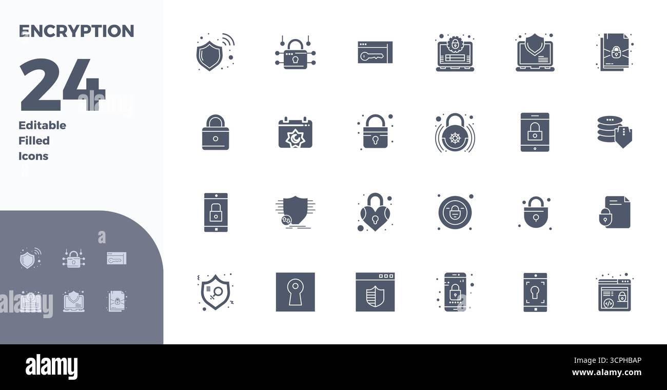 Comprehensive bundle featuring 24 vector icons in Glyph Filled design for Encryption, delivered in crisp 128x128 PIXEL perfect quality. Stock Vector