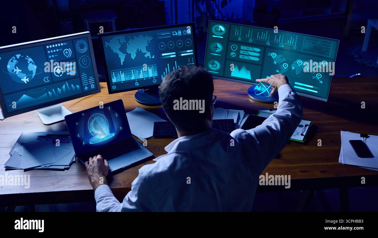 Analyst interacting with holographic AI system while managing big data on multiple screens. Collage Stock Photo