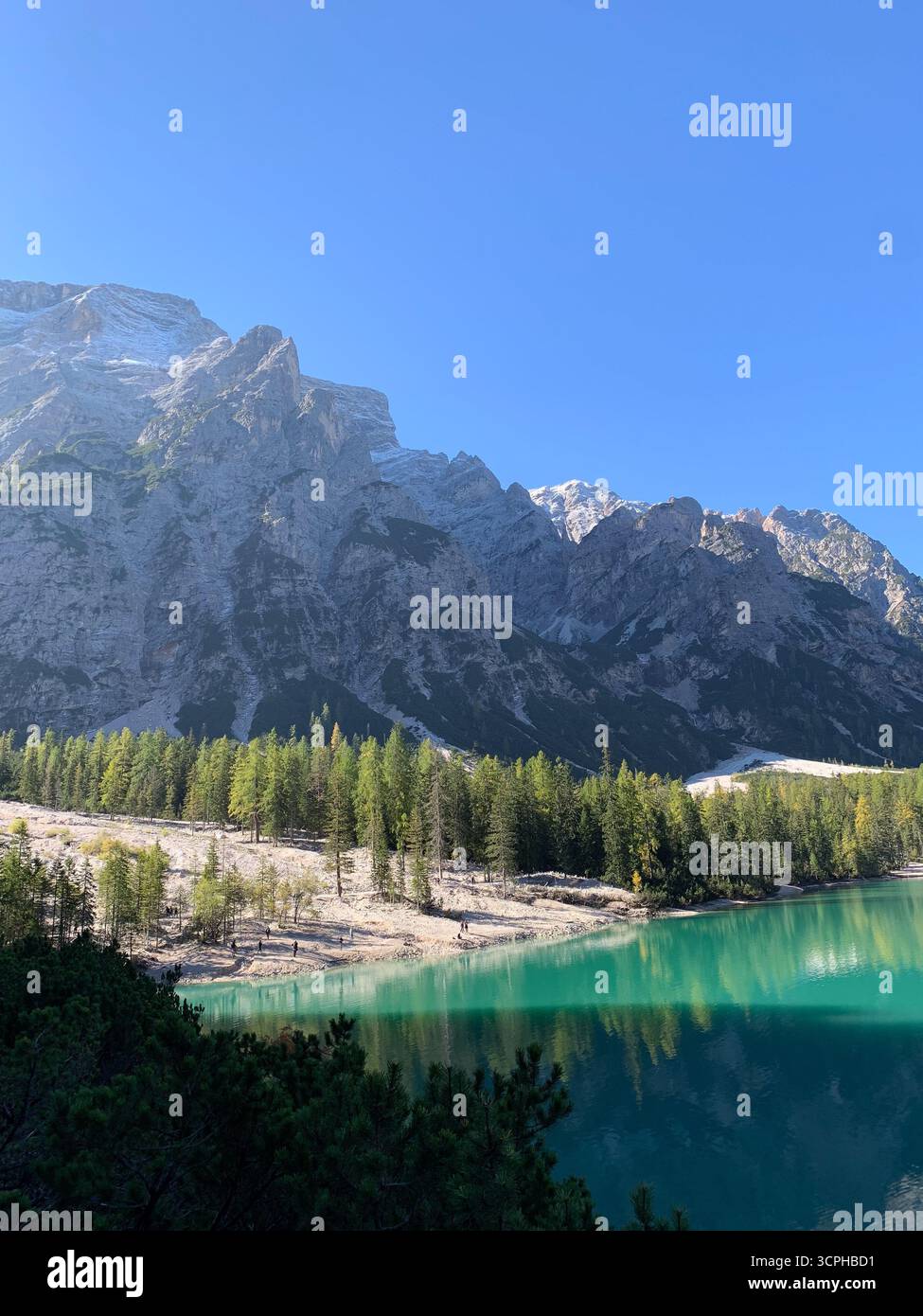 The Pragser Wildsee, or Lake Prags or Lake Braies in Dolomites in autumn, South Tyrol, Italy. The concept of walking and eco-tourism. - Smartphone Captured Stock Image