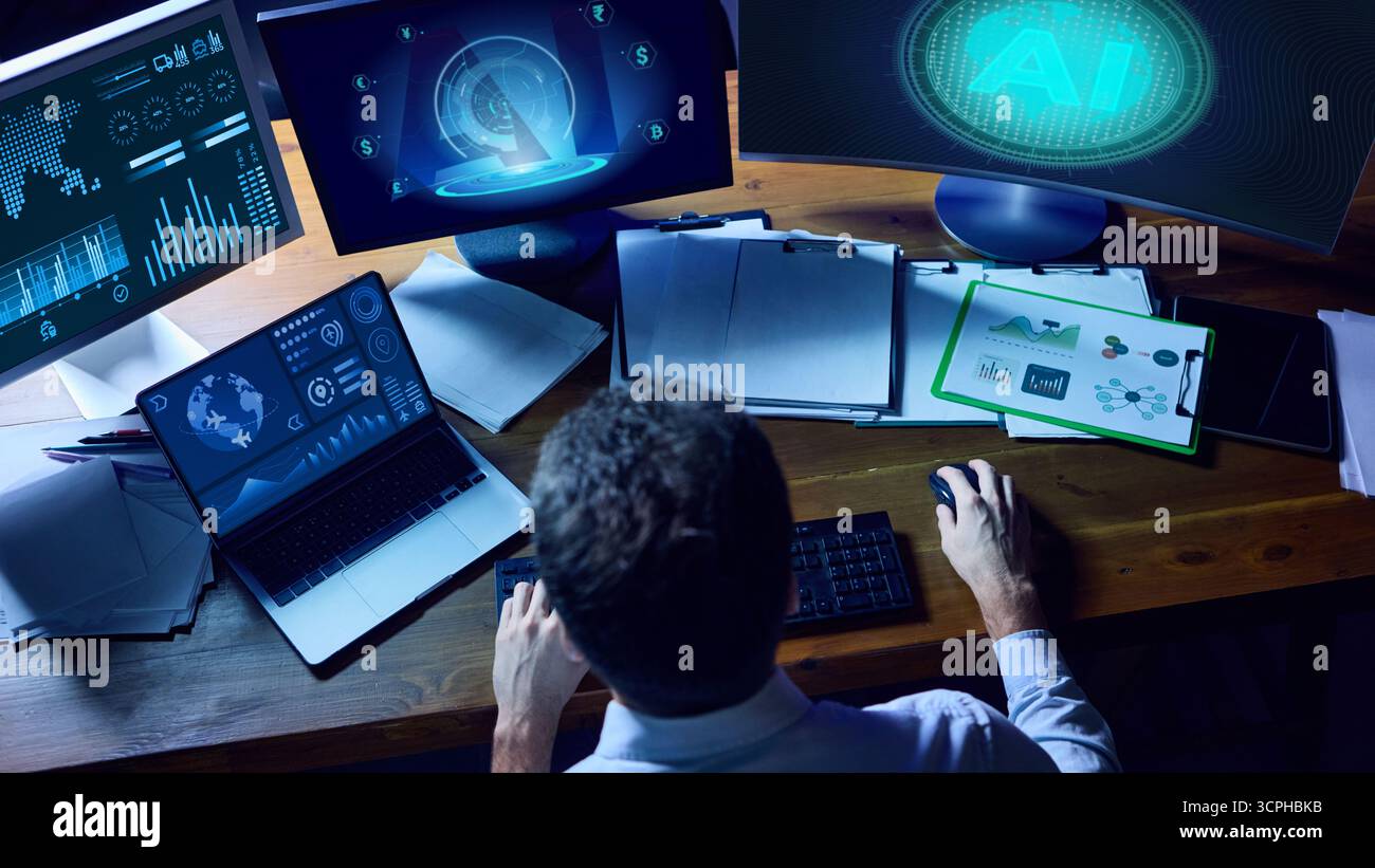 Professional using multiple holographic displays with AI-driven financial dashboards. Collage Stock Photo