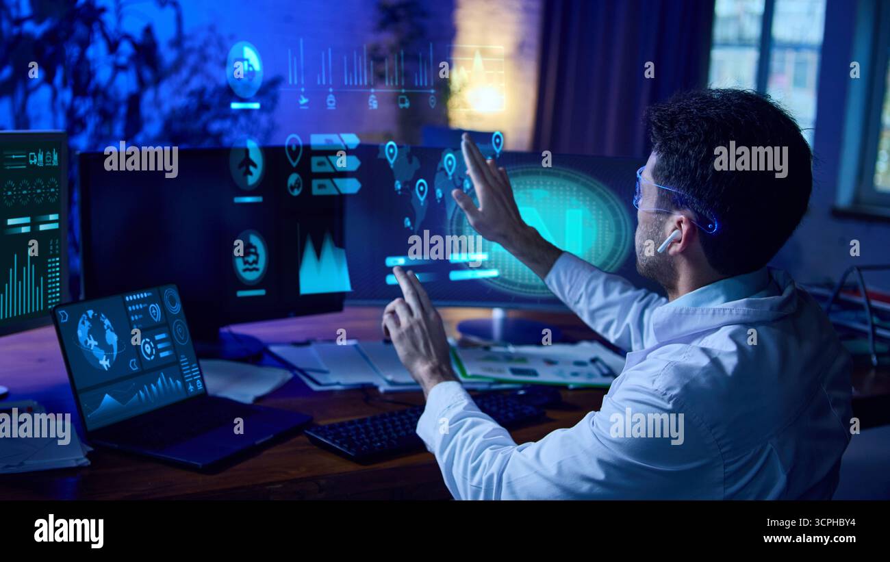 Man in smart glasses interacts with futuristic data dashboards and AI analytics interface. Collage Stock Photo