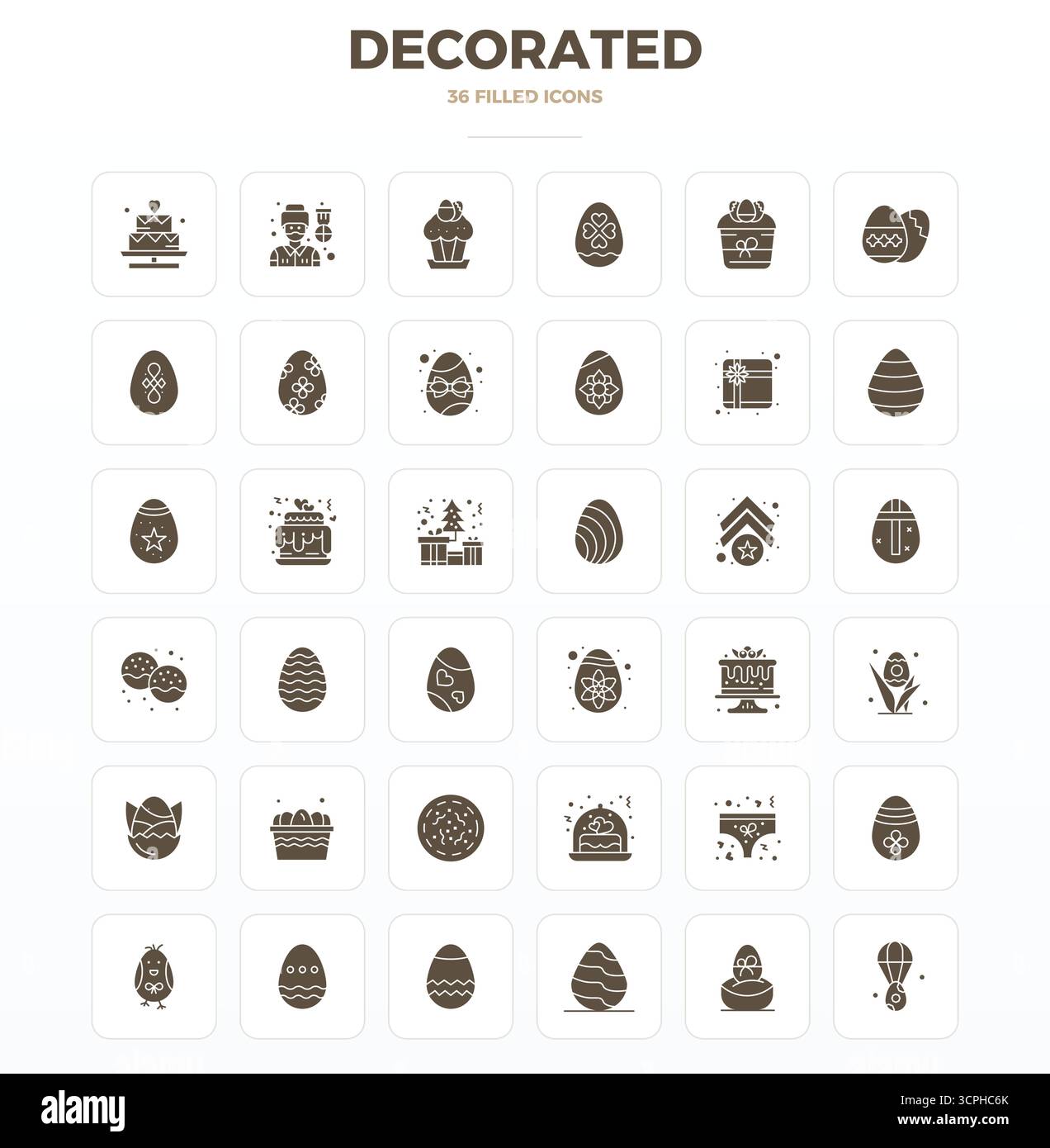 This set of 36 SolidFill vector icons captures Decorated themes in 128x128 PIXEL perfect quality, perfect for tech and business applications. Stock Vector