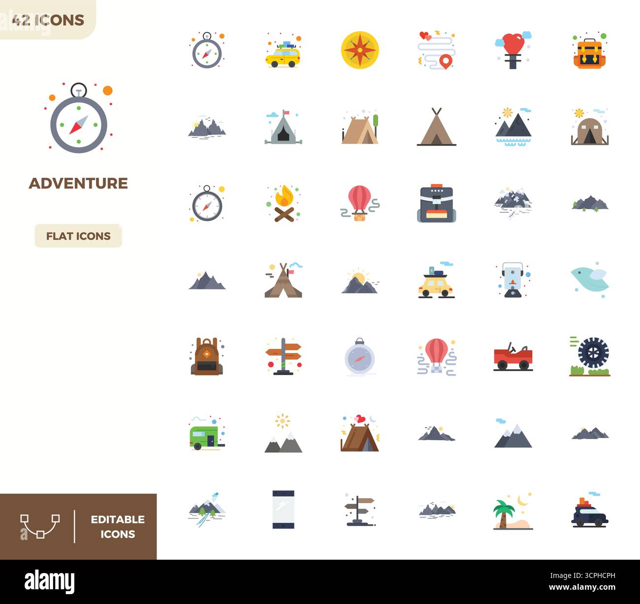 Curated pack of 42 128x128 vector icons in Flat Color design, centered around Adventure concepts with PIXEL perfect clarity. Stock Vector