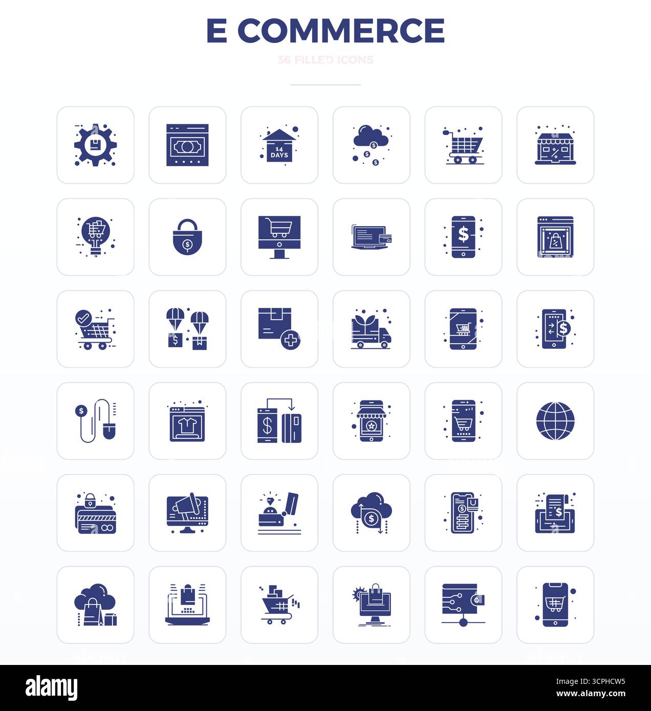 Refined bundle featuring 36 SolidFill vector icons for E, optimized with 128x128 PIXEL perfect quality for elegant and functional design solutions. Stock Vector