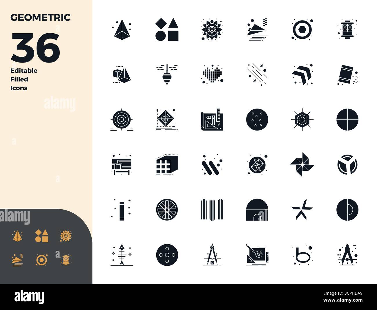 Expertly designed 36 Glyph Filled PIXEL perfect vector icons for Geometric, engineered at 128x128 resolution for flawless integration and performance. Stock Vector