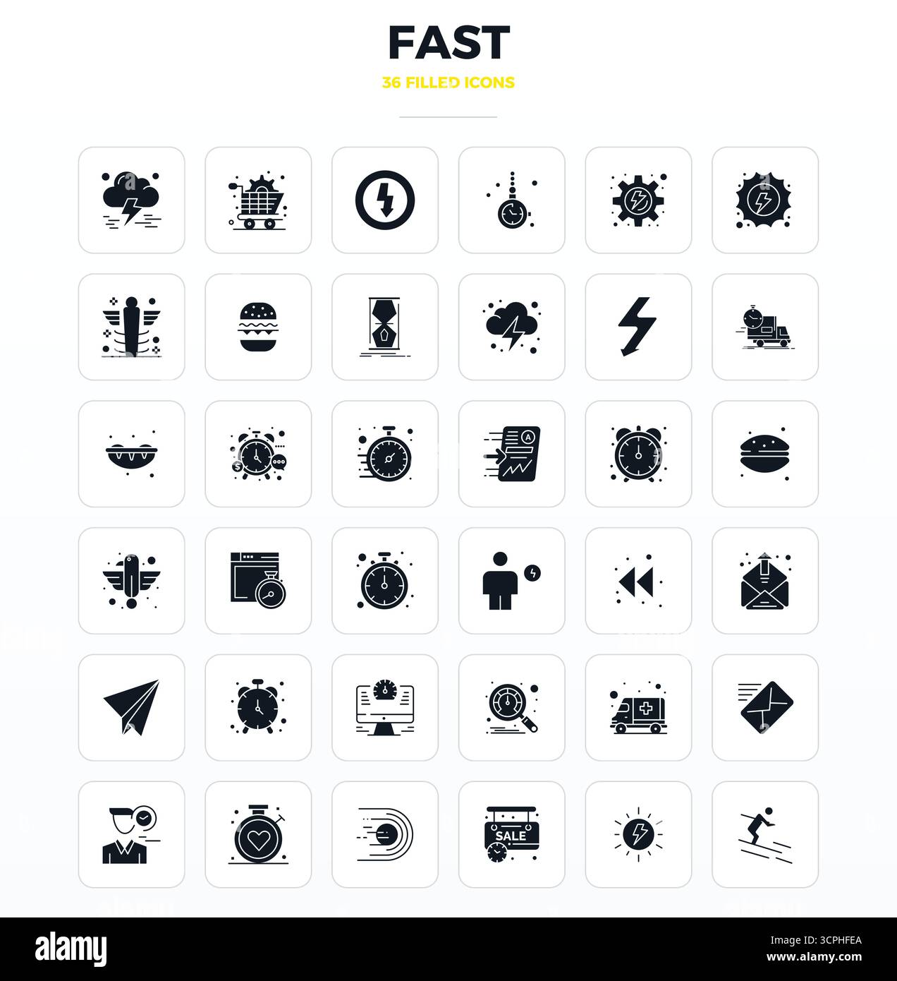 This Fast vector icon pack includes 36 SolidFill designs in 128x128 PIXEL perfect format, perfect for enhancing digital interfaces. Stock Vector