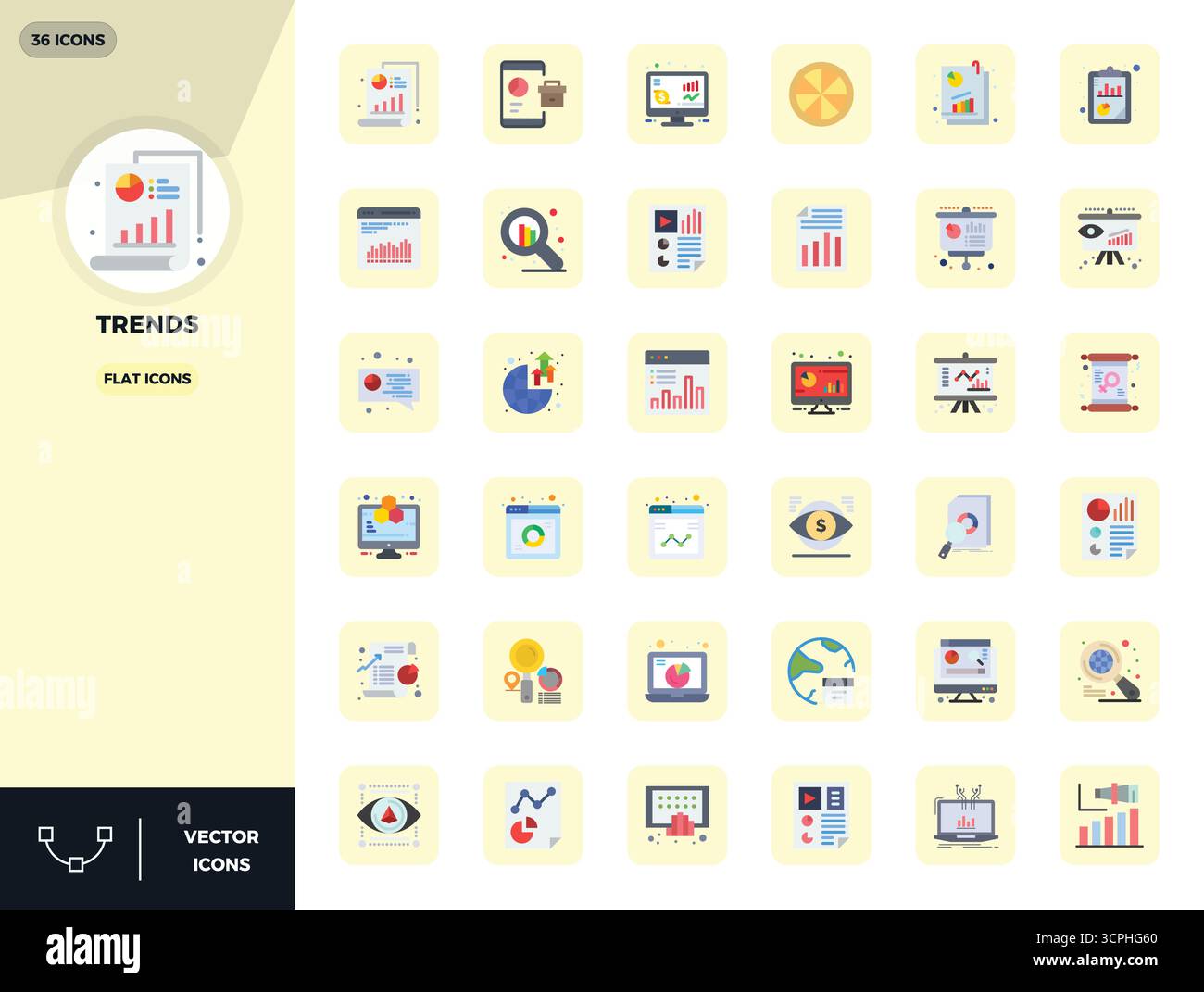 Strategic bundle featuring 36 vector icons representing Trends in Flat format, optimized with 128x128 PIXEL perfect quality for professional workflows Stock Vector