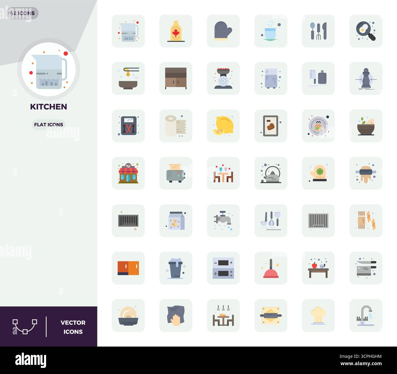 Essential pack of 42 PIXEL perfect vector icons for Kitchen in Flat format, sized at 128x128 for optimal performance and scalability. Stock Vector