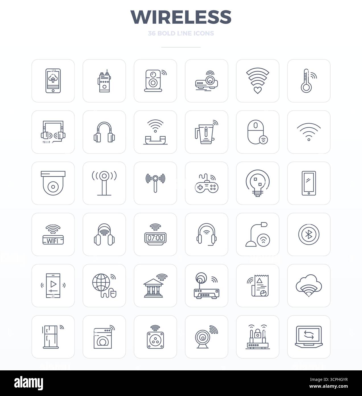 Perfectly balanced 36 Strong Outline PIXEL perfect vector icons for Wireless, sized at 128x128 for harmonious integration in digital design projects. Stock Vector