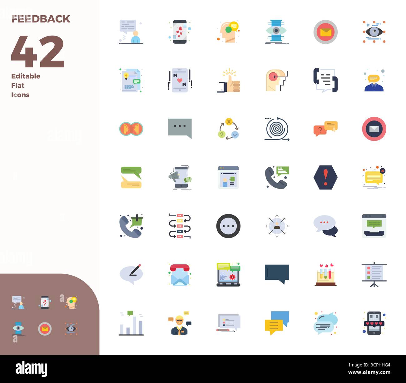 Download 42 scalable Flat vector icons designed for Feedback, featuring PIXEL perfect 128x128 resolution suitable for professional and creative projec Stock Vector