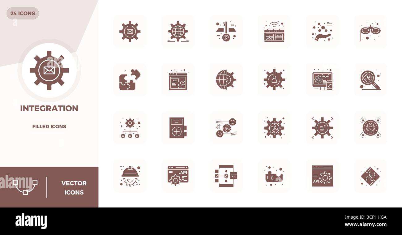 A clean collection of 24 Filled vector icons representing Integration, designed in 128x128 PIXEL perfect format for modern dashboards and interfaces. Stock Vector