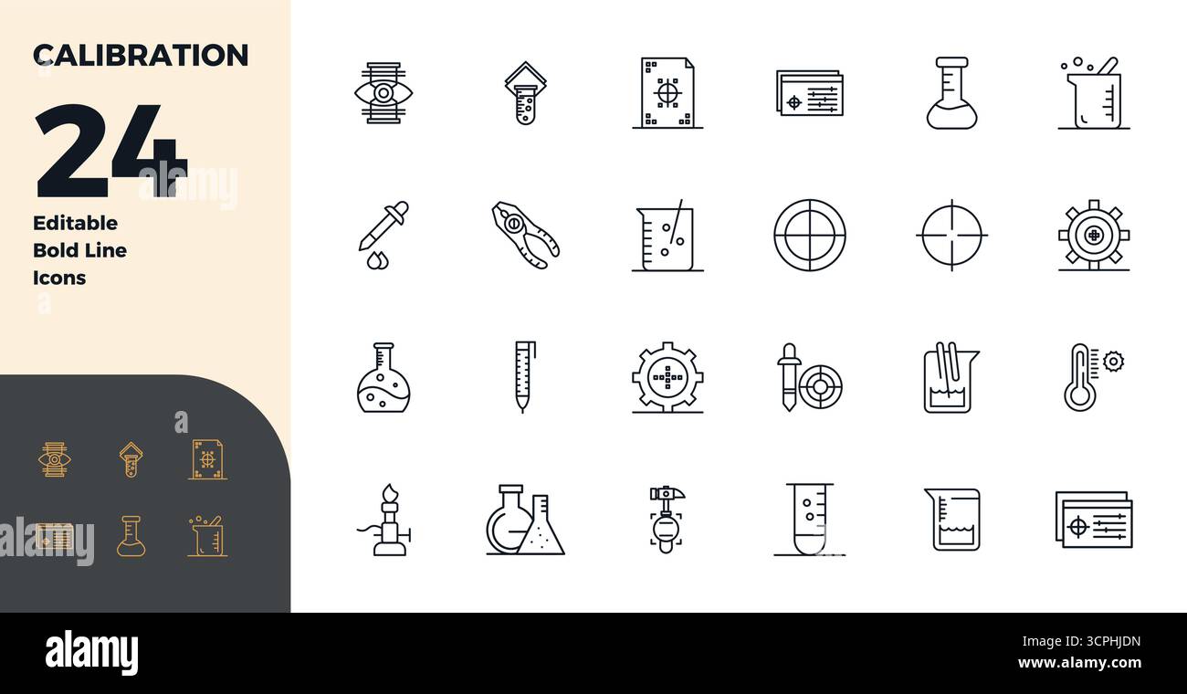 A dynamic set of 24 vector icons in Bold Line, tailored for Calibration with 128x128 PIXEL perfect quality suited for digital products. Stock Vector
