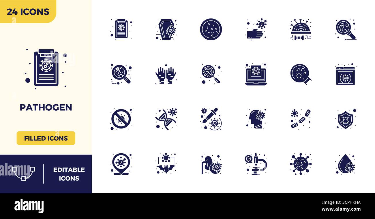 Strategic bundle featuring 24 vector icons representing Pathogen in Filled format, optimized with 128x128 PIXEL perfect quality for professional workf Stock Vector