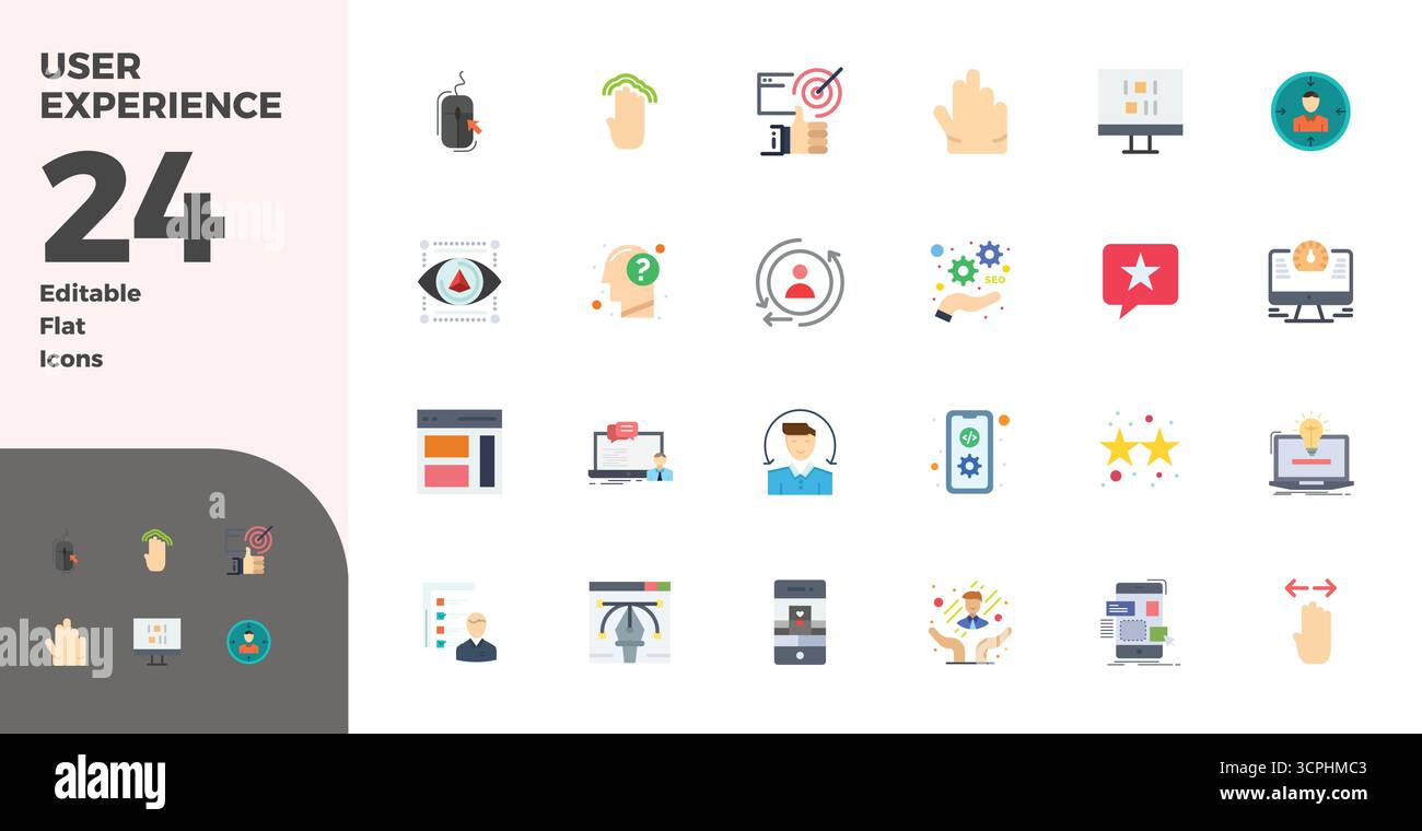 Masterfully created 24 vector icons representing User Experience in Flat design, featuring 128x128 PIXEL perfect resolution for exceptional visual qua Stock Vector