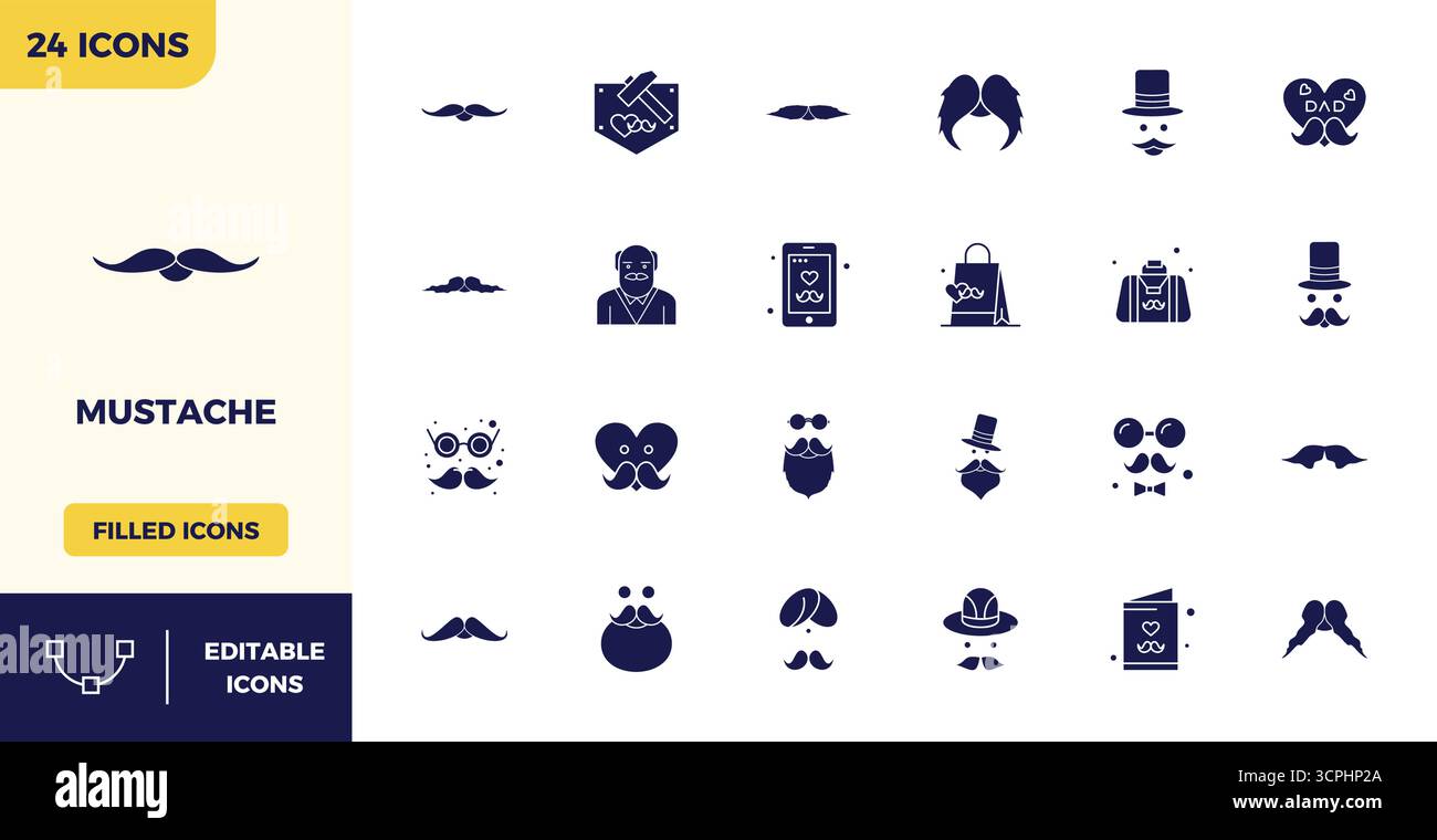 Professional-grade collection of 24 Filled vector icons representing Mustache, crafted with 128x128 PIXEL perfect precision for enterprise application Stock Vector
