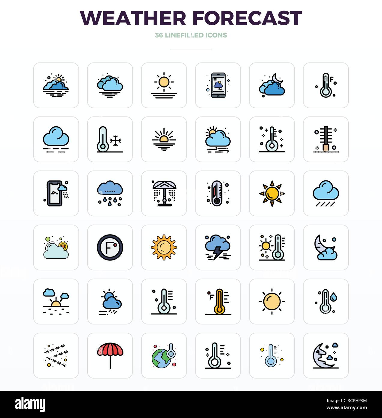 Ultimate collection of 36 vector icons representing Weather Forecast in ...