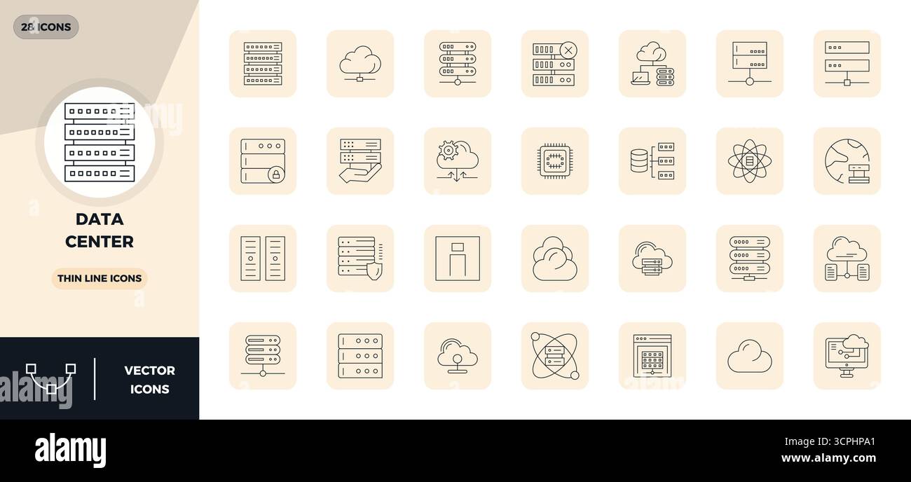Explore 28 Thin Line PIXEL perfect vector icons in 128x128 resolution inspired by Data Center. Perfect for web and app interfaces. Stock Vector