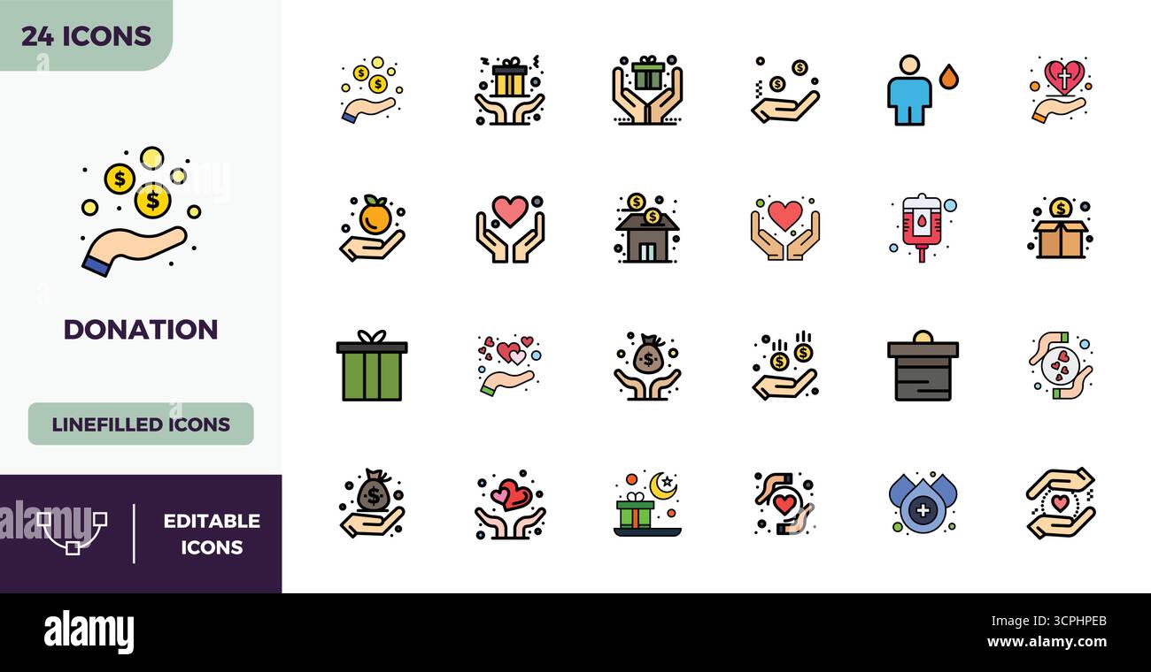 This Donation vector icon pack includes 24 Flat Lineal Color designs in 128x128 PIXEL perfect format, perfect for enhancing digital interfaces. Stock Vector